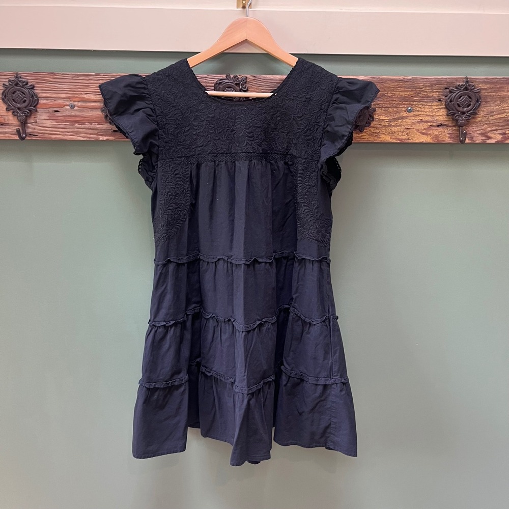 J. Marie Black Embroidered Tiered Flutter Sleeve Mini Dress JM1883 Womens Medium
